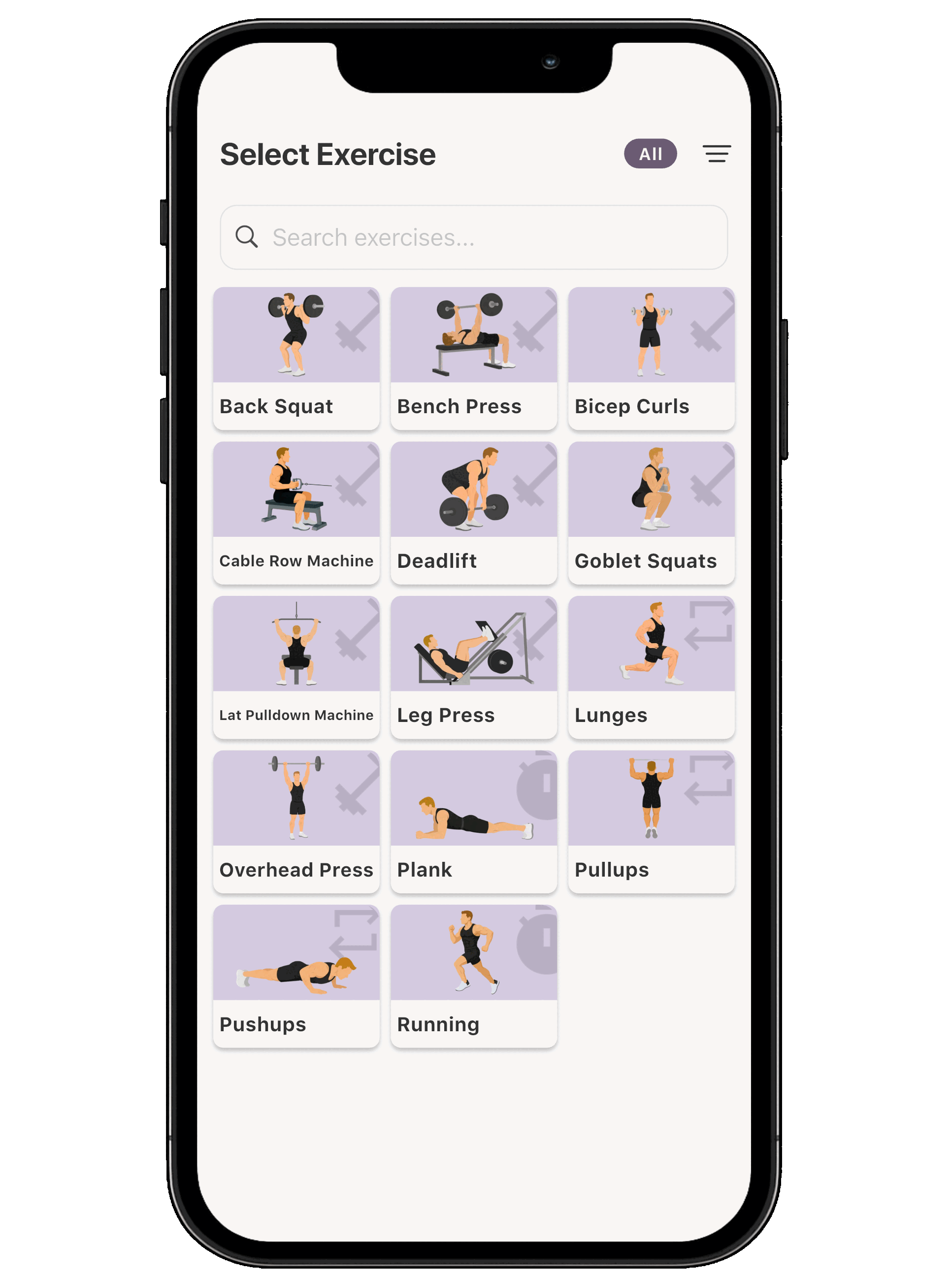 Exercise selection screen
